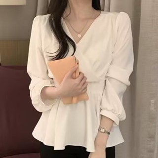 Balamy 早春新款優雅V領超僊甜美氣質收腰係帶長袖襯衫上衣