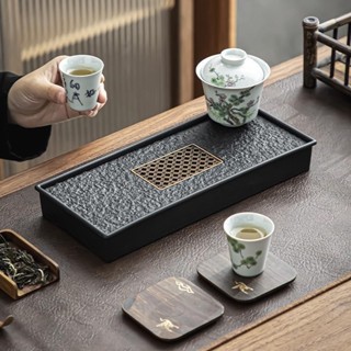 「烏金石幹泡茶盤｜瞬排儲水雙模式｜附玉竹茶則｜臺灣潮濕防黴設計｜文房茶席輕奢儀式感」烏金石茶盤輕奢家用茶具茶臺小型帶儲排