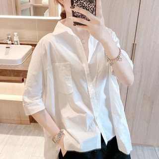 現貨速發#女生著裝 韓版上衣2025新款百搭寬鬆薄款五分袖鈕扣襯衫復古港風素色防曬短袖襯衫女長袖上衣