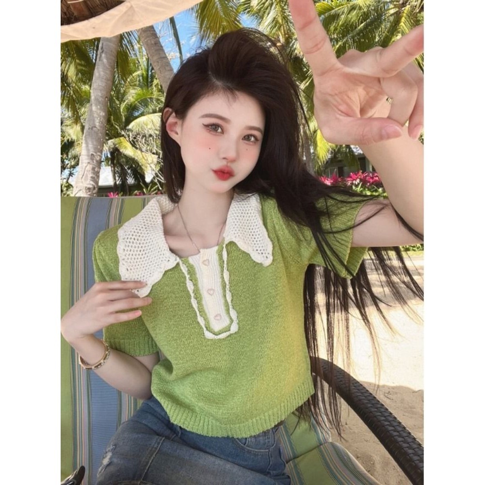 XJ 促銷 新品  熱賣 春夏季薄款短袖冰絲針織衫女氣質娃娃領小香風酪梨綠高級感上衣