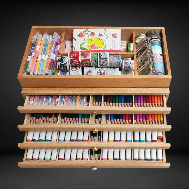✔收納抽屜盒抽屜式✔現貨 木製單雙層三層 抽屜 式繪畫畫盒鉛筆水彩筆收納工具箱子櫸木質畫箱