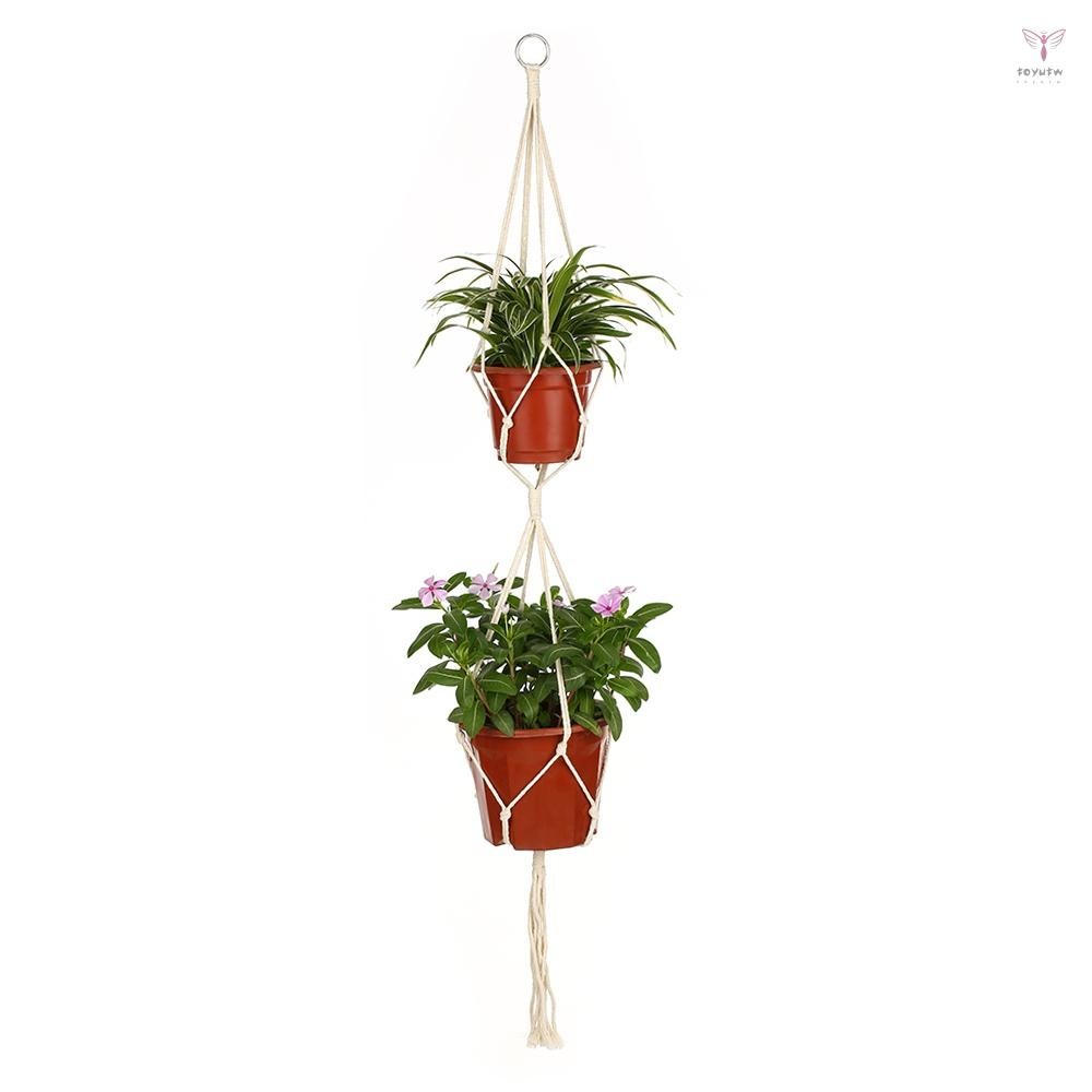 Macrame 雙層植物衣架室內室外 2 層花盆懸掛式花盆籃棉繩 4 腿 47 英寸