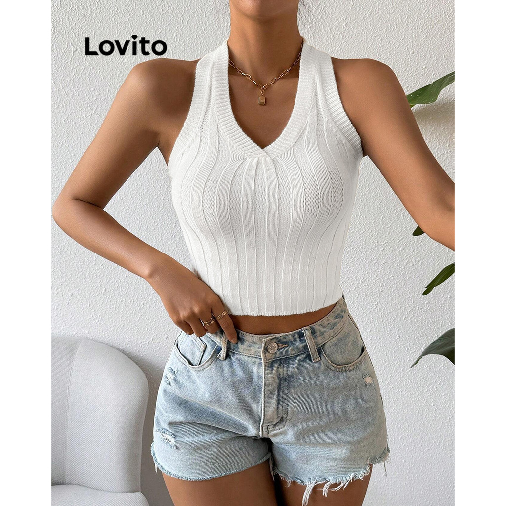 Lovito 女士休閒素色美背針織上衣 LBL10026