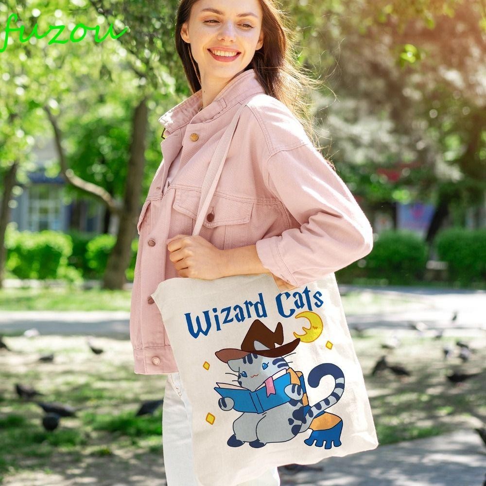 FUZOU帆布手提包,雙面打印韓版風格卡通單肩包,時尚大容量貓圖案頂部手柄可愛托特包每日