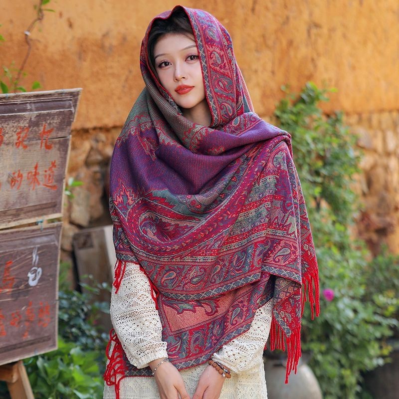 青海西藏麗江旅遊拍照披肩女季民族風圍巾兩用紅色披風空調毯#0515