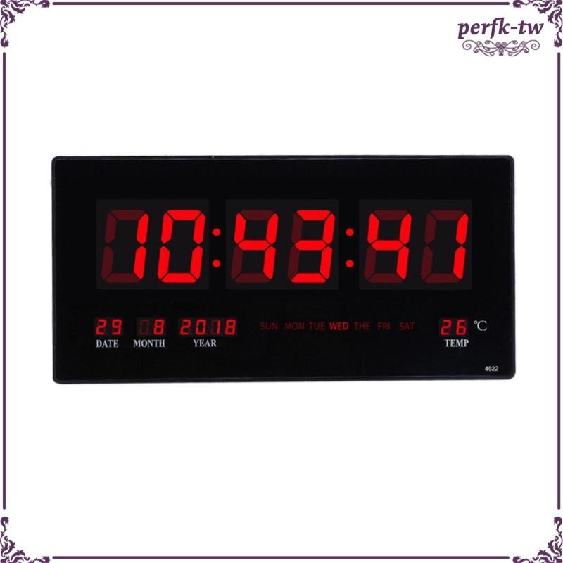 [PerfkTW] 大型數字 LED 掛鐘 18.5 英寸 12/24 小時日曆日期年份溫度表壁掛式家庭辦公室時鐘