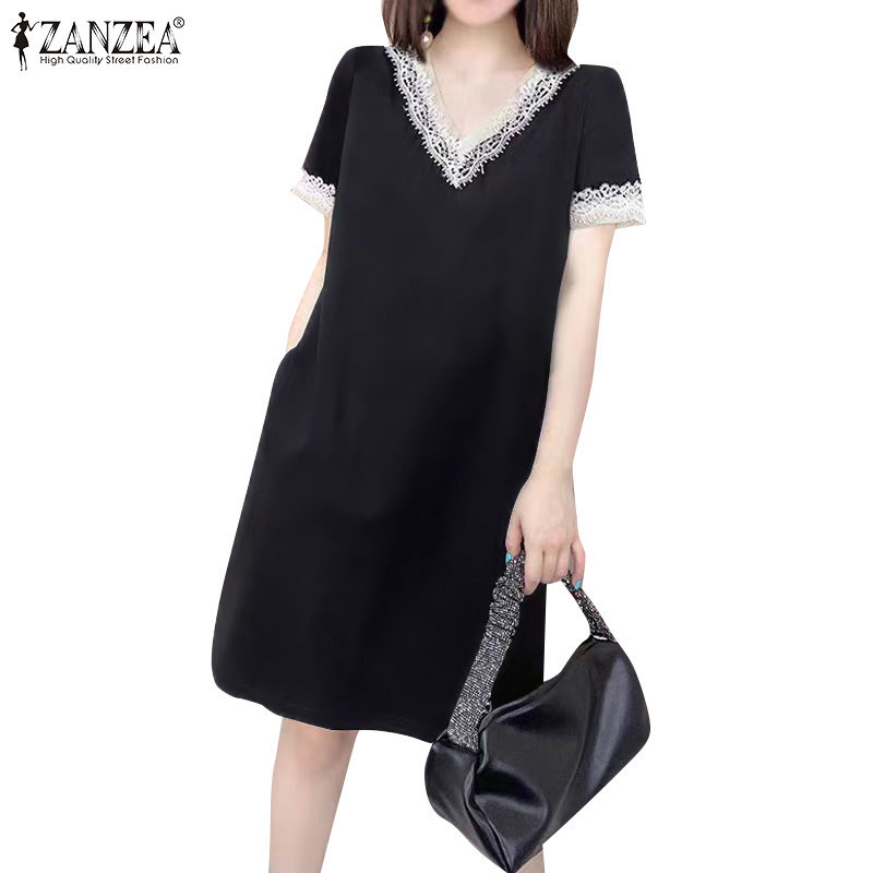 Zanzea 女式韓版休閒蕾絲拼接 V 領夏季短袖連衣裙