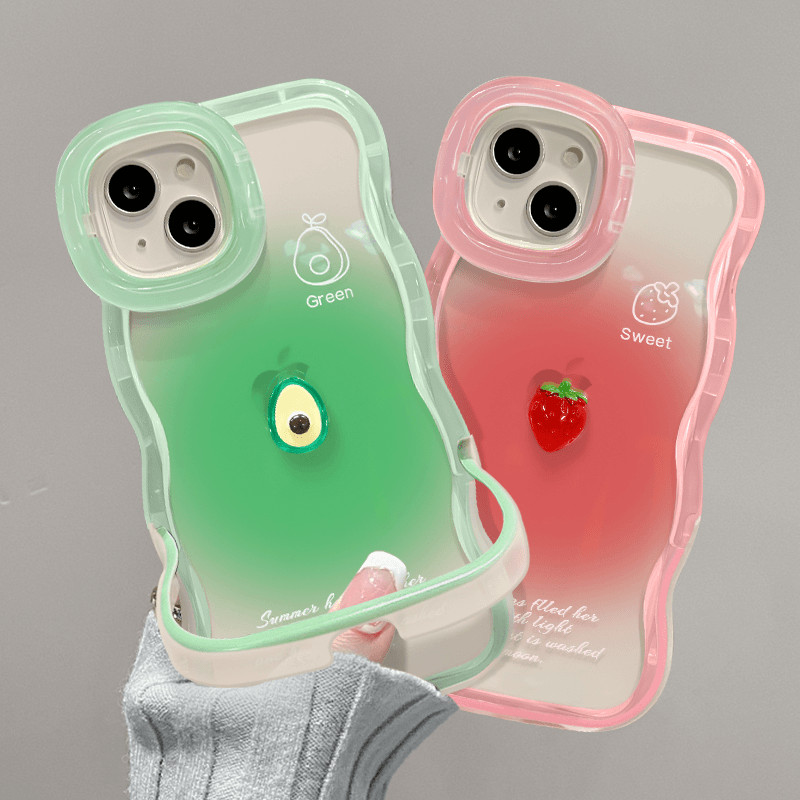草莓&amp;酪梨適用蘋果14iPhone15雙支架新款可愛小眾手機殼創意 手機保護套
