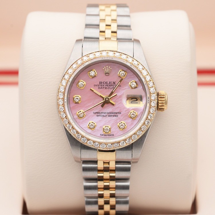 Rolex 勞力士日誌型女表26mm黃金後配粉貝母鑽圈機械手錶女士69173