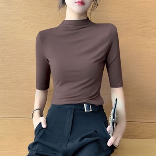 衣時尚 大碼上衣 短袖t卹 凜感衣 上衣 中大碼m-4xl 新款莫代爾半高領中袖五分袖緊身內搭打底薄款上衣-1224.