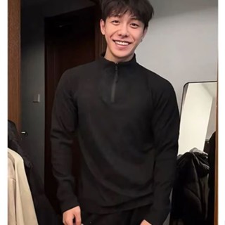 【HOT 本舖】男裝 美式休閒復古純色半拉鏈打底衫潮牌男女寬鬆騎行立領長袖T恤