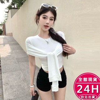 【梨卡】隔日到貨 女裝 上衣 針織衫 短袖 假兩件上衣 修身針織 圓領上衣 舒適上衣 綁帶上衣 sw029【現貨24h】