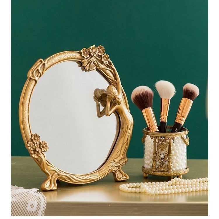 Ciro【優選】歐式古典復古網紅鏡子化妝鏡  家用臥室桌面便攜裝飾梳妝鏡擺件浮雕（可掛可擺）
