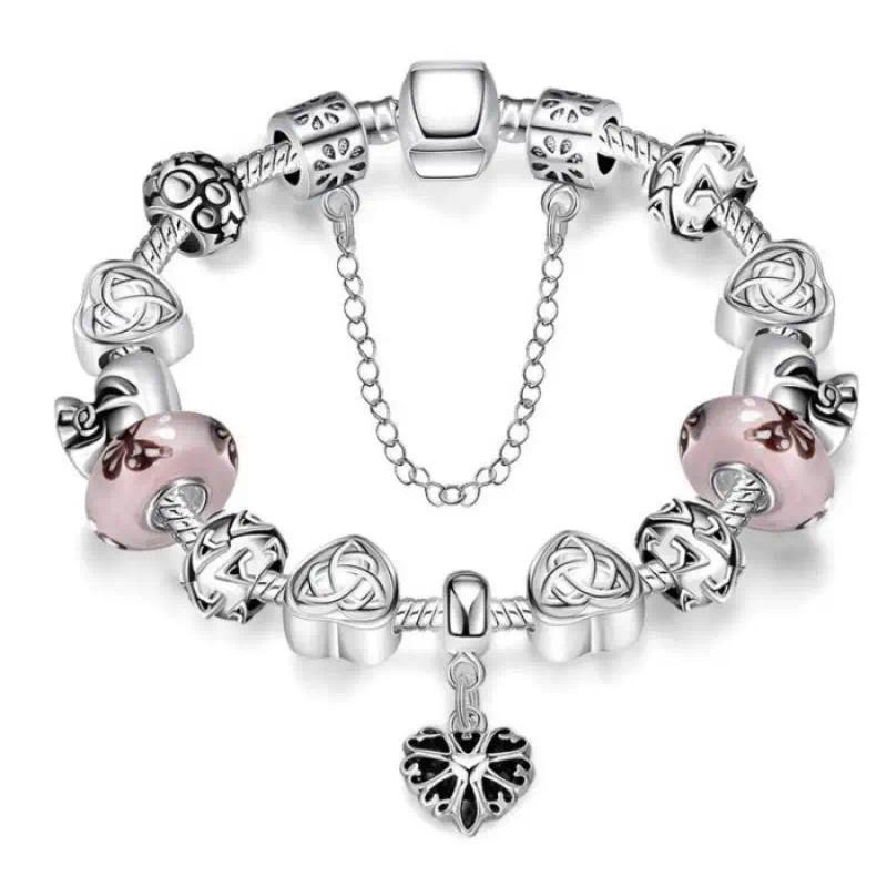 PANDORA 粉色玻璃珠手鍊適合潘多拉 DIY S925 銀鍊珠原創首飾手工飾品批發