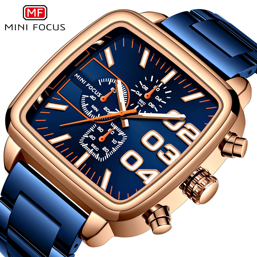 MINI FOCUS鋼帶手錶 男士多功能表防水石英錶夜光鋼帶男腕錶0314G-M052