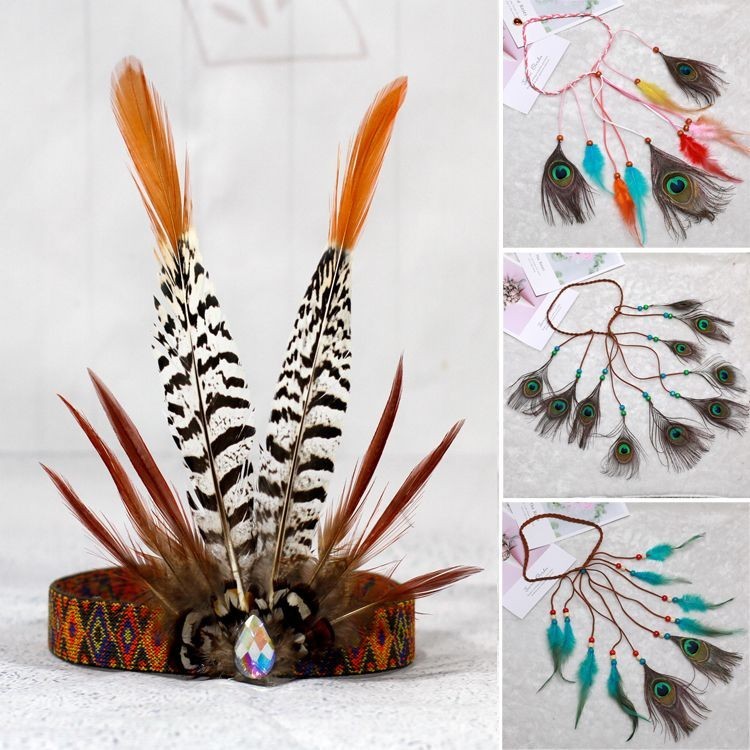 手工印第安酋長頭飾野人羽毛頭飾波西米亞民族風孔雀羽毛髮飾發繩