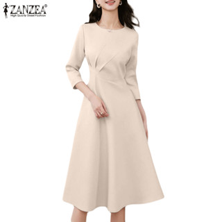 Zanzea 女式韓國時尚派對下擺荷葉邊設計純色連衣裙