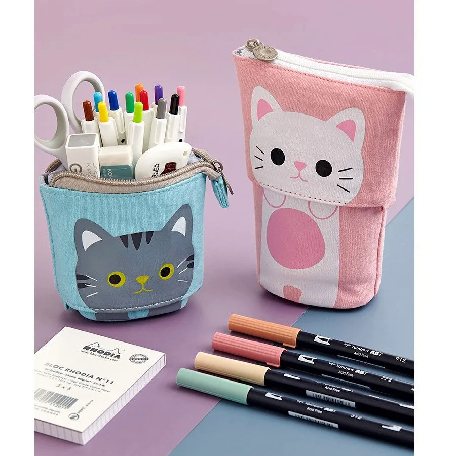 可愛貓咪圖案可伸縮鉛筆盒學校文具袋卡哇伊筆盒帆布大容量筆筒兒童禮物