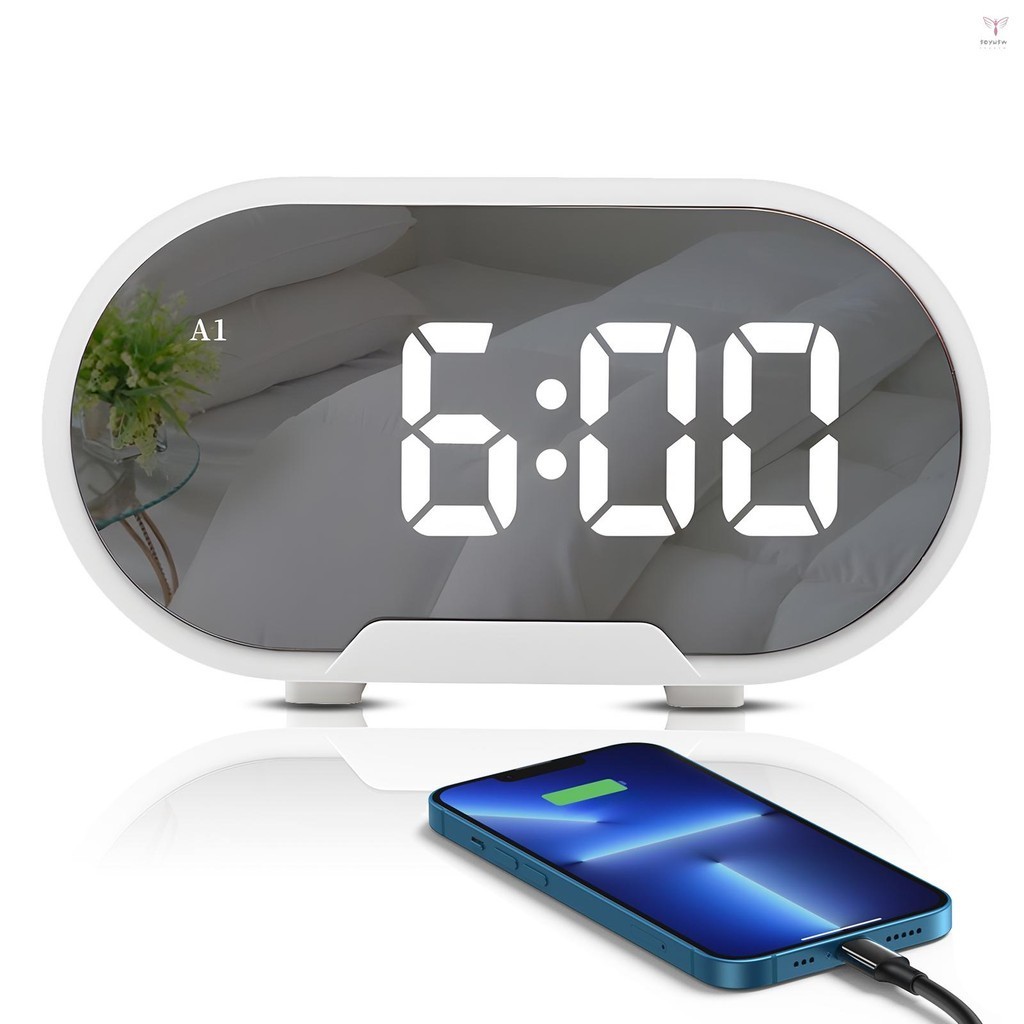 Led 數字鬧鐘 5.5 英寸大顯示屏鏡面電動鬧鐘,用於化妝,帶調光模式可調節鬧鐘音量雙 USB 端口貪睡響亮鬧鐘,適用