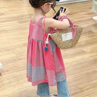 女童洋裝 洋氣小清新格子吊帶裙 夏季寶寶度假風寬鬆背心洋裝