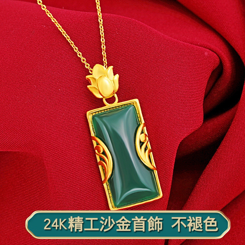 越南沙金項鏈女 民族風時尚仿24k黃金綠玉髓吊墜 越南沙金女款雙喜臨門項飾項鏈沙金首飾品