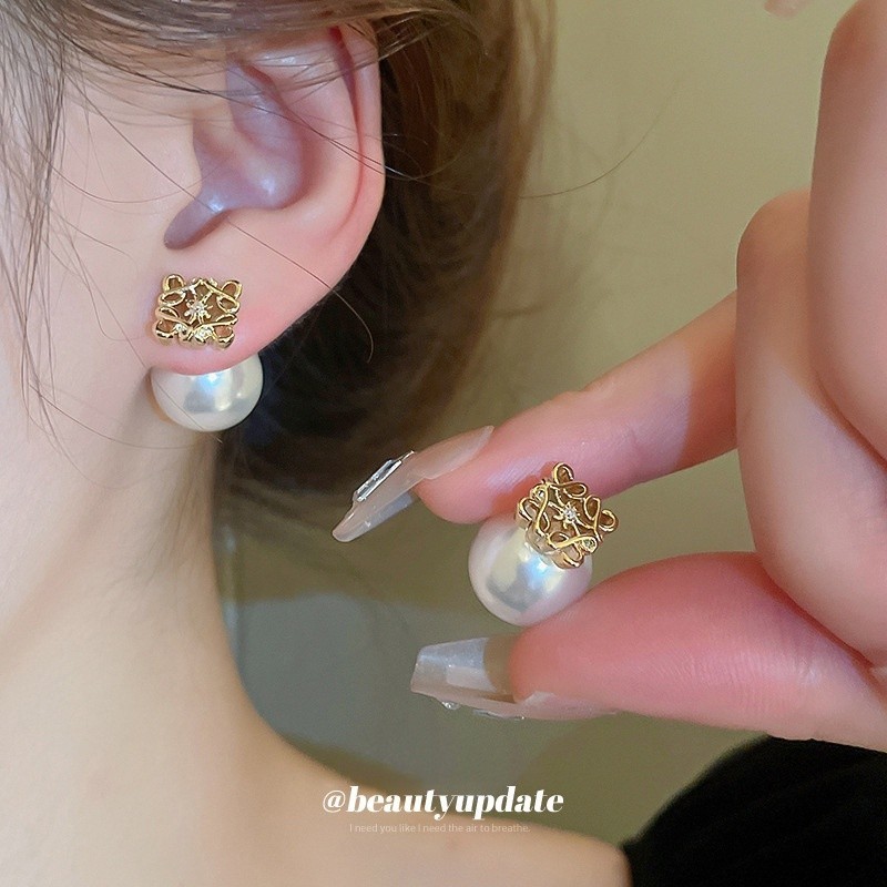 【耳環】真金電鍍銀針珍珠方形雙面戴耳環小眾設計ins風耳環輕奢簡約耳飾耳環飾品