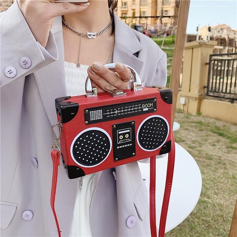 新品 特惠 現貨 包包新款潮斜挎小方包個性收音機小箱子包斜背包錄音機盒子包