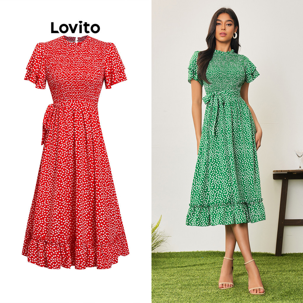 Lovito 女式波西米亞點點繫帶洋裝 LBA05068 (綠色)