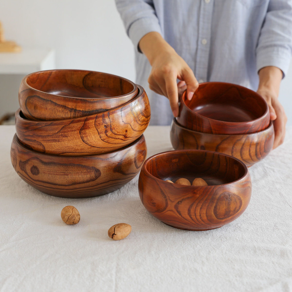 中式實木木碗木缽木頭盆家用大號湯碗沙拉碗水果盤湯碗餐具 OY8E
