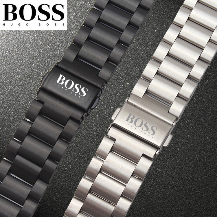 （下單送工具）Hugo Boss 男士手錶帶鋼帶 男精鋼實心黑色錶鏈折迭扣16 20 22mm