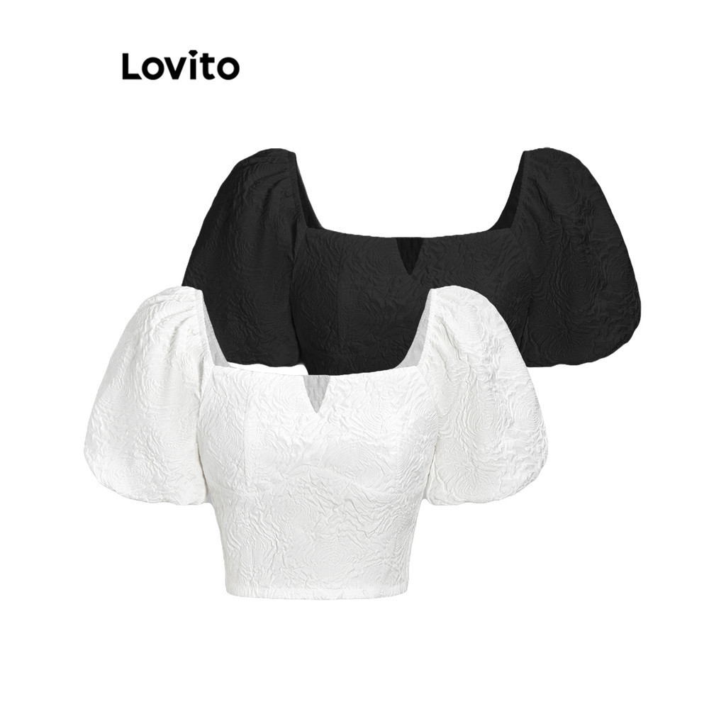 Lovito 女式優雅素色褶皺泡泡袖襯衫 L62ED027 (白色)