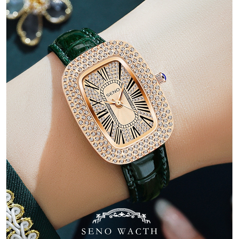 綠色錶帶手錶女士時尚方形鑽石防水石英女士手錶