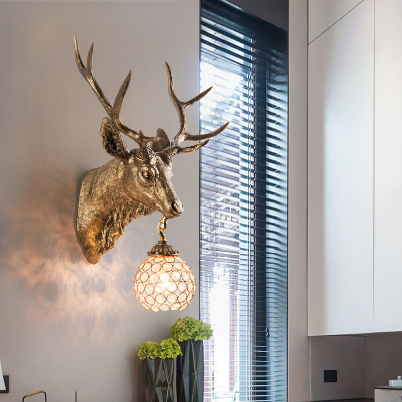 美式復古鹿頭壁燈客廳餐廳床頭背景牆北歐式樹脂壁燈仿真動物裝飾
