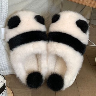 可愛熊貓毛絨棉拖鞋女冬季室內家居防滑情侶保暖拖鞋