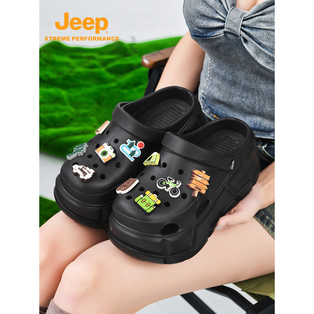 Jeep吉普夏季新款外穿防滑增高厚底包頭沙灘鞋花軟底配飾洞洞鞋女