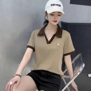新款女時尚polo領短袖寬松大碼防曬襯衫遮肉顯瘦純色T恤洋氣上衣 有領子上衣 短袖POLO衫女 夏季短袖