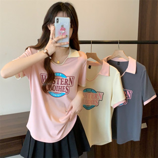 L-4XL 大尺碼短袖T恤女 夏季新款polo領撞色洋氣印花短袖上衣