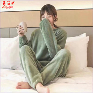 新品-珊瑚絨睡衣女暖暖套裝女鼕季加絨加厚寬鬆懶人束腳居傢睡褲睡衣