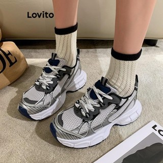 Lovito 運動素色復古透氣網眼時尚老爹鞋潮流厚底女運動鞋 LFA70248