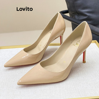 Lovito 優雅素色裸色黑色漆皮性感簡約工作鞋女高跟鞋 LFA59268