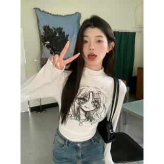 【HOT 本舖】 實拍半高領長袖T恤女秋季韓版卡通印花修身顯瘦不規則上衣ins