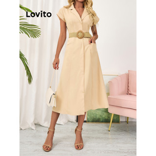 Lovito 女士優雅素色結構線條凹口領拉鍊開合洋裝 LBL09142
