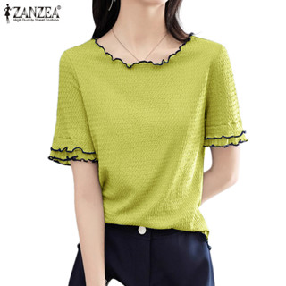 Zanzea 女式韓版休閒圓領短袖拼接蕾絲襯衫