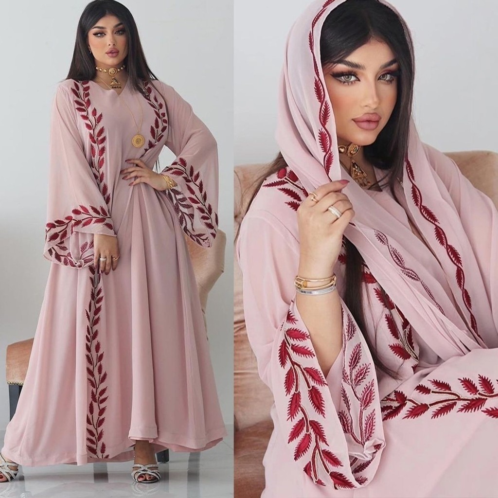 中東時尚長裙大尺碼長袍夏季雪紡長款刺繡粉色圓領洋裝含頭巾