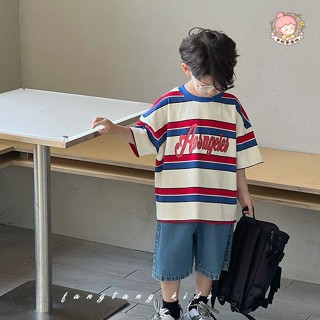 米粒BOYS 新款現貨純棉百搭兒童短袖男童T恤寶寶條紋上衣2024夏季新款小男孩衣服