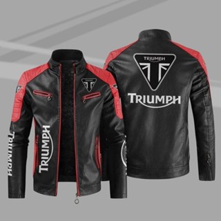 triumph車標立領PU外套 防水保暖皮衣夾克 賽車騎行服