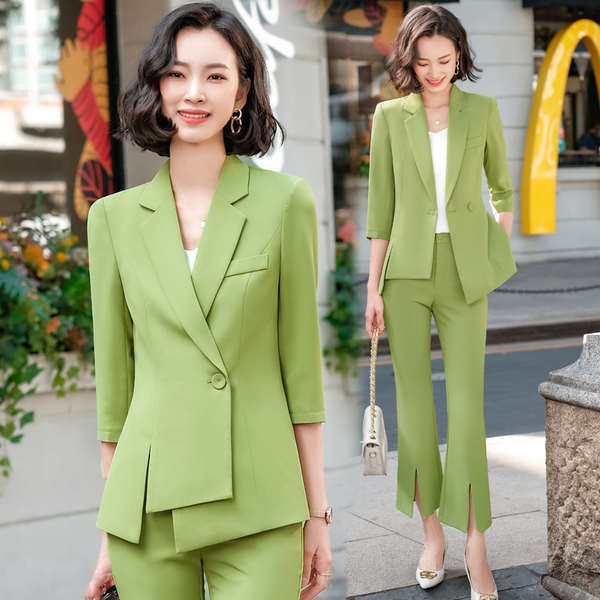果綠色西裝外套女夏季薄款時尚高級感職業氣質女神範西裝套裝夏天