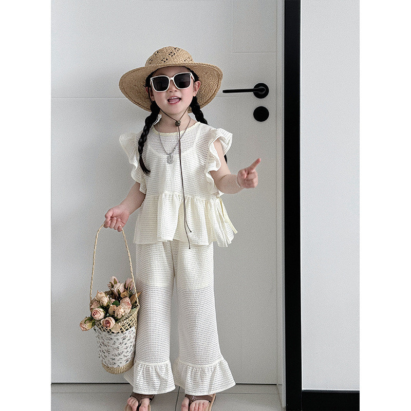 ✨HIKIDS✨女童韓系夏季套裝 新款兒童甜美鏤空上衣 花邊喇叭褲 華夫格洋氣兩件套