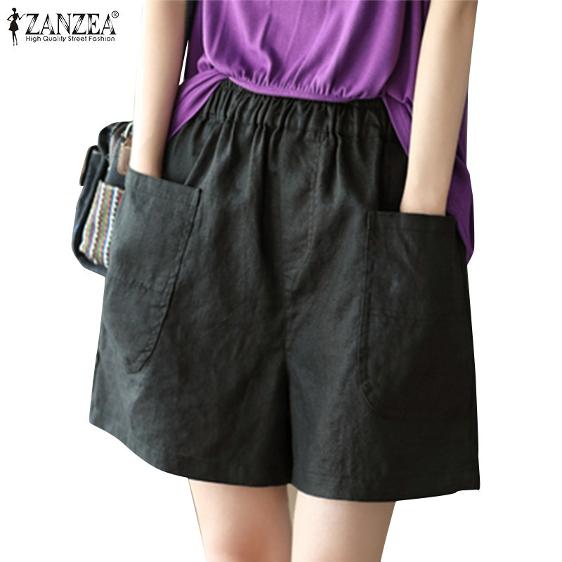 Zanzea 女式韓版純色彈力腰側口袋短褲