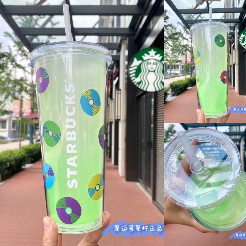 星巴克杯子音樂狂歡酪梨綠超大容量雙層塑膠冰水冷變吸管杯水杯